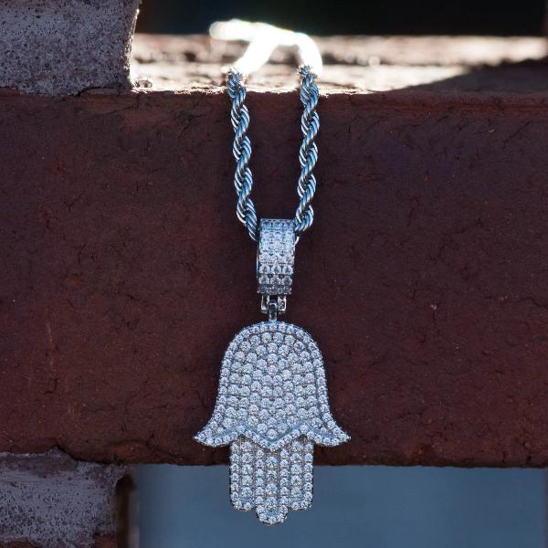 Diamond Iced Out Hamsa Evil Eye Pendant Necklace in White Gold - The Jewelry Plug