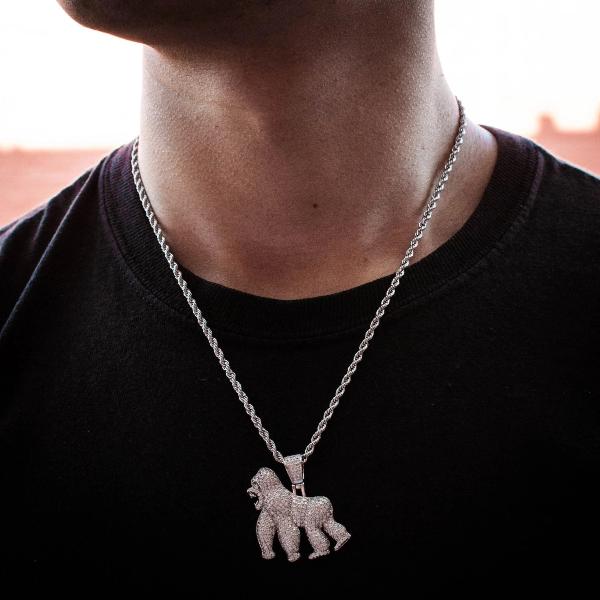 Diamond Gorilla Ape Pendant White Gold Necklace Chain - The Jewelry Plug