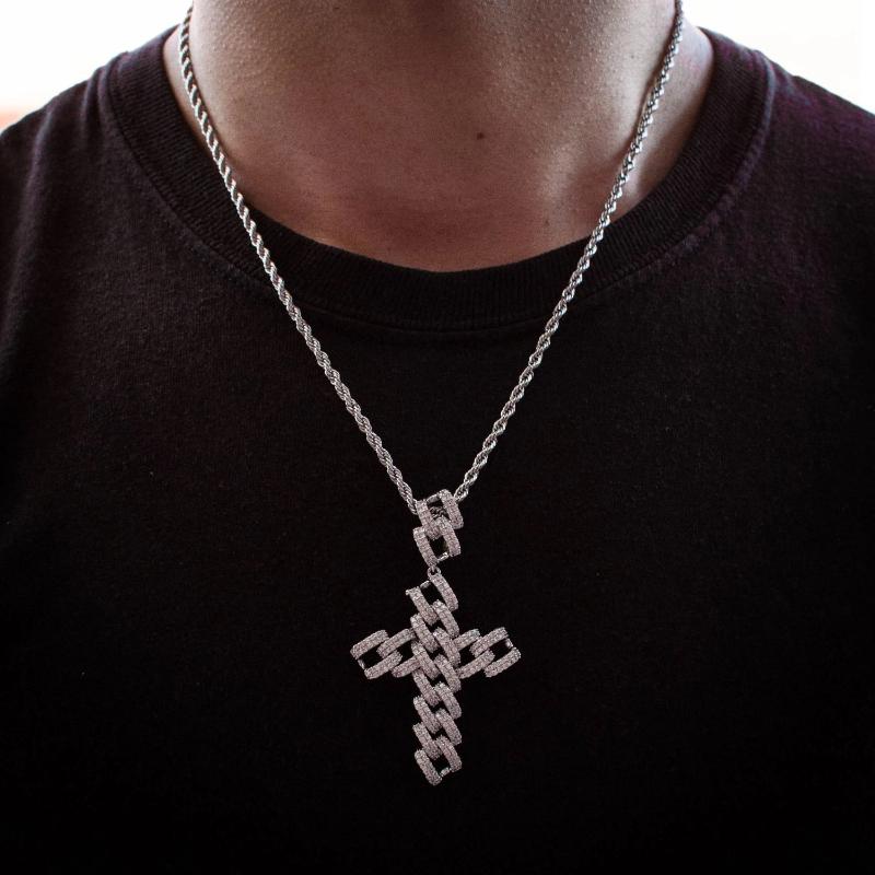 Diamond Cuban Link Cross Pendant Necklace in White Gold - The Jewelry Plug