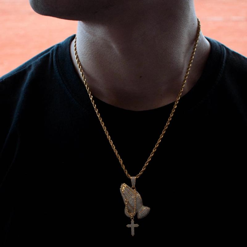 Diamond Iced Out Praying Hands in Yellow Gold - The Jewelry Plug