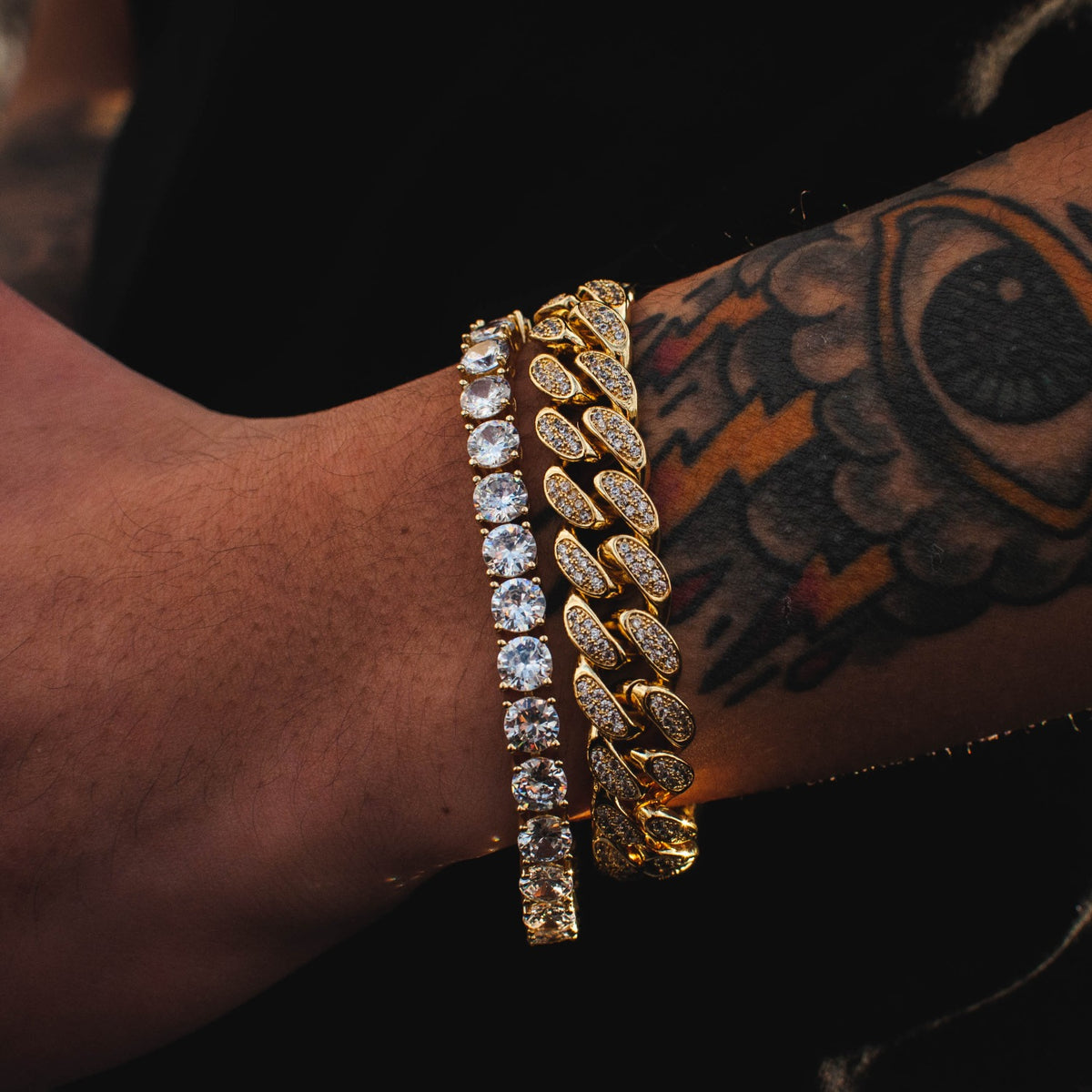 18k Gold Diamond Cuban Link Bracelet + Tennis Bracelet Bundle - The Jewelry Plug