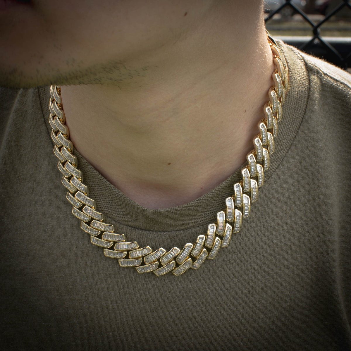 Diamond Baguette Cuban Link Chain 18mm in Yellow Gold - The Jewelry Plug