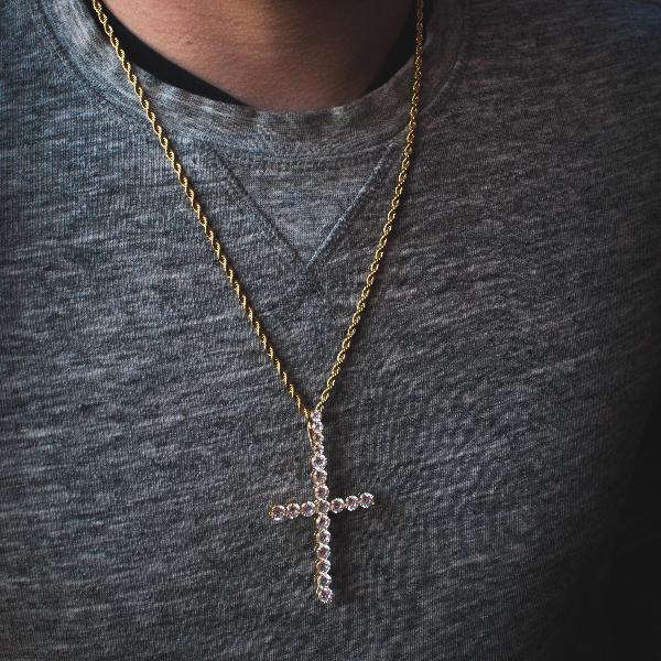 Long Diamond Cross with Rope Chain in Yellow Gold - The Jewelry Plug