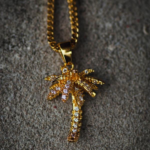 18k Yellow Gold Iced Out Palm Tree Necklace - The Jewelry Plug