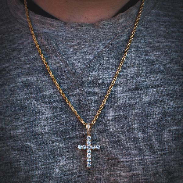 18k Yellow/White Gold Small Iced Out Diamond Cross with Rope Chain - The Jewelry Plug