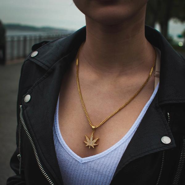 18k Yellow Gold Weed Marijuana Cannabis Leaf Pendant Chain Necklace - The Jewelry Plug