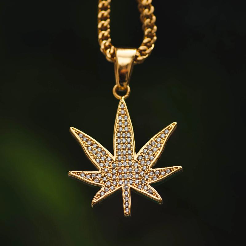 18k Yellow Gold Weed Marijuana Cannabis Leaf Pendant Chain Necklace - The Jewelry Plug
