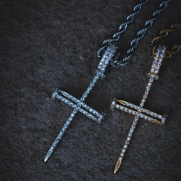 18k White/Yellow Gold Nail Cross of Suffering w/ Rope Chain Pendant Necklace - The Jewelry Plug